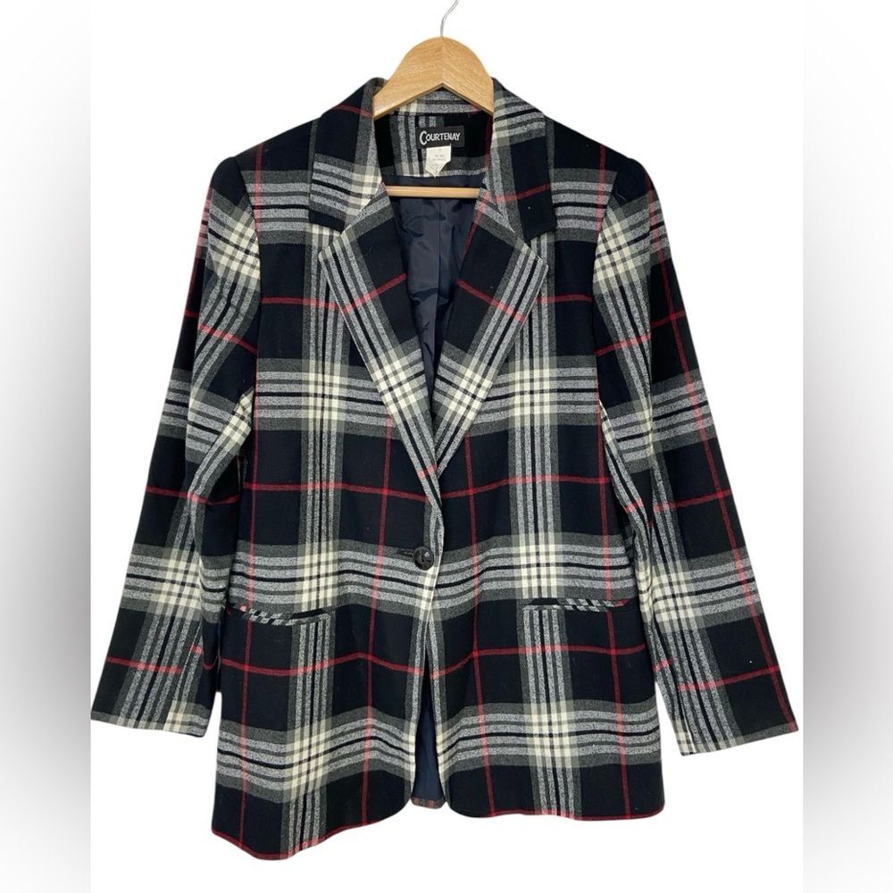 Vintage Courtenay Plaid Black Red White One Button Lined Blazer Size 12